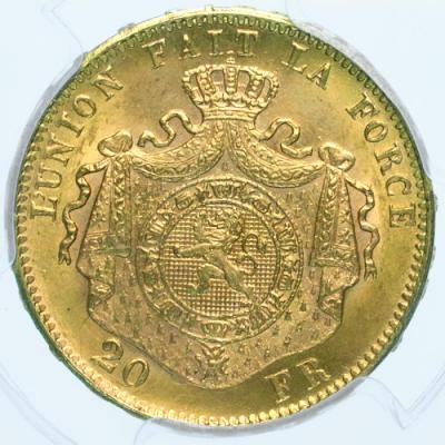 ベルギー　 レオポルド2世　1875年銘　20フラン　金貨　PCGS　MS67　最高グレード　実質的オンリーワン鑑定