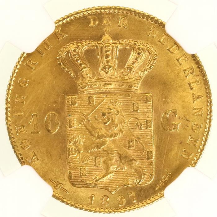 オランダ 1897年 10グルデン金貨 ウィルヘルミナ女王 NGC UNC鑑定【アンティークコイン・金貨・銀貨の販売・買取 ルナコイン】