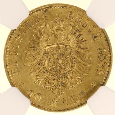 ドイツ ダルムシュタット　1876年H　10マルク 金貨　ルートヴィヒ3世　NGC　AU50