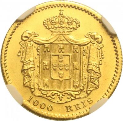 ポルトガル　1855年　1000レイス 金貨　ペドロ5世　NGC　MS63