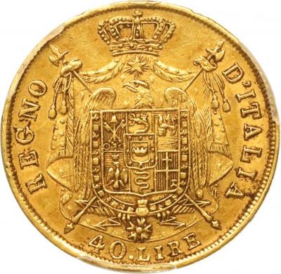 イタリア　1814年M　40リレ(リラ)　金貨　ナポレオン1世　PCGS　AU50