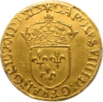 【値下げしました】中世フランス 1569年A  エキュ 金貨　シャルル9世　パリミント　PCGS　UNC鑑定