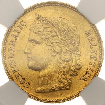 スイス　1895年B　ヘルヴェティア　20フラン金貨　ベルンミント　NGC　AU58