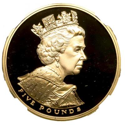 イギリス　2002年　5ポンド　プルーフ金貨　エリザベス2世　即位50周年記念 NGC PF70 U-CAMEO　完全未使用パーフェクト鑑定