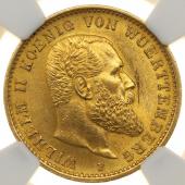 ドイツ・ヴュルテンベルク 1905年F  20マルク 金貨　ヴィルヘルム2世　EF+極美品+