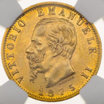 イタリア　1875年　20リレ 金貨　ヴィットリオ・エマヌエーレ2世　EF極美品