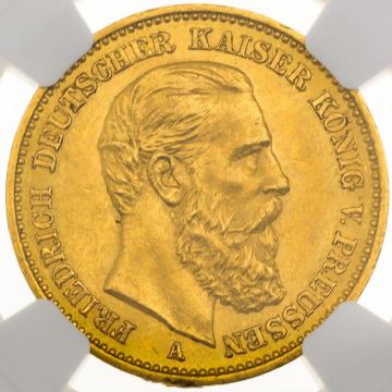 ドイツ プロイセン 1888年A　20マルク 金貨　フリードリヒ三世　EF極美品
