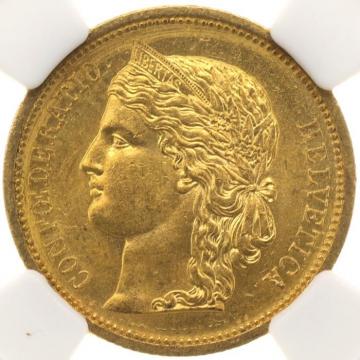 スイス　1883年B　ヘルヴェティア　20フラン金貨　ベルンミント　UNC未使用