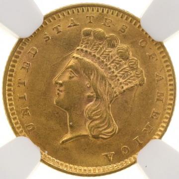 アメリカ 1856年銘 リバティ-インディアンヘッド 1ドル金貨 Slanted 5 Type 3 NGC　AU58