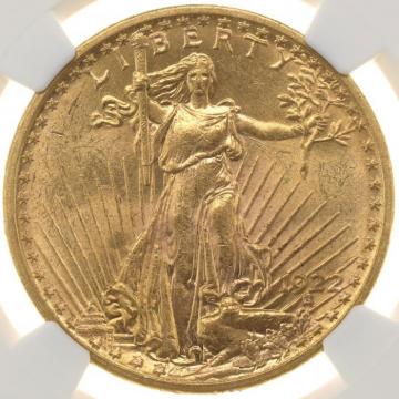 アメリカ 1922年　20ドル金貨　No Motto　セントゴーデンズ　リバティ NGC未使用鑑定