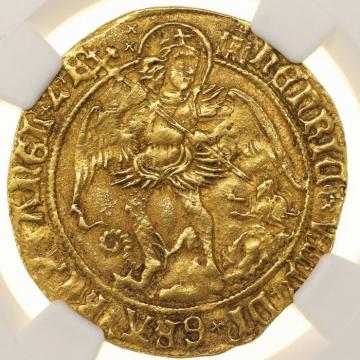 中世イギリス(イングランド)1509-26年　ヘンリー8世　エンジェル金貨　NGC　AU55　