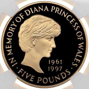 イギリス1999年　エリザベス5ポンドプルーフ金貨　ダイアナ追悼　NGC　PF70UCAM　パーフェクト鑑定　レア