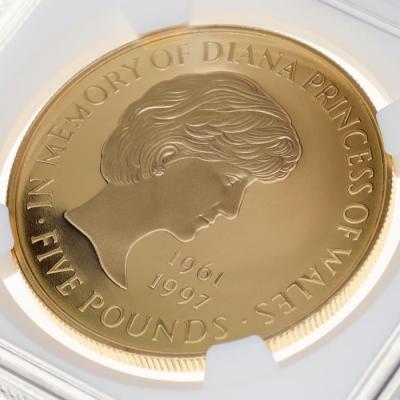 イギリス1999年　エリザベス5ポンドプルーフ金貨　ダイアナ追悼　NGC　PF70UCAM　パーフェクト鑑定　レア