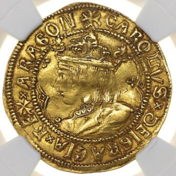 スペイン王国バレンシア 1516-1544年  2ドゥカート(ダカット)金貨　カルロス一世(カール五世)　ハプスブルク家　 NGC AU53