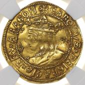 スペイン王国バレンシア 1516-1544年  2ドゥカート(ダカット)金貨　カルロス一世(カール五世)　ハプスブルク家　 NGC AU53