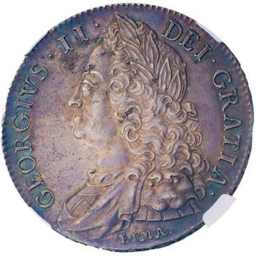 イギリス Great Britain1746年銘　クラウン 銀貨 ジョージ2世LIMA 　DECIMO NONO on Edge　NGC AU58 ダークパープルトーン