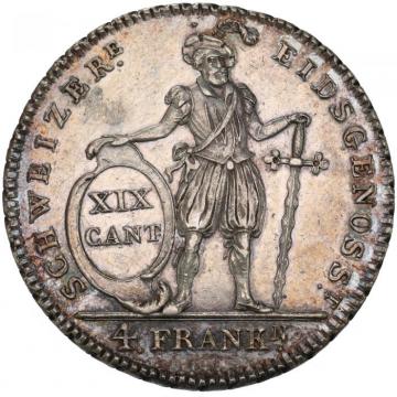 スイス フリブール州　1813年  4フランケン銀貨 トーン　発行2,429枚