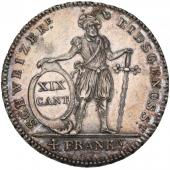 スイス フリブール州　1813年  4フランケン銀貨 トーン　発行2,429枚