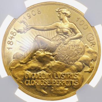  オーストリア 1908年100コロナ プルーフ金貨 フランツ・ヨーゼフ1世 在位60周年記念  " 雲上の女神 "NGC PF60