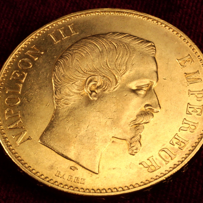 フランス　1857A　100フラン金貨　ナポレオン三世　無冠