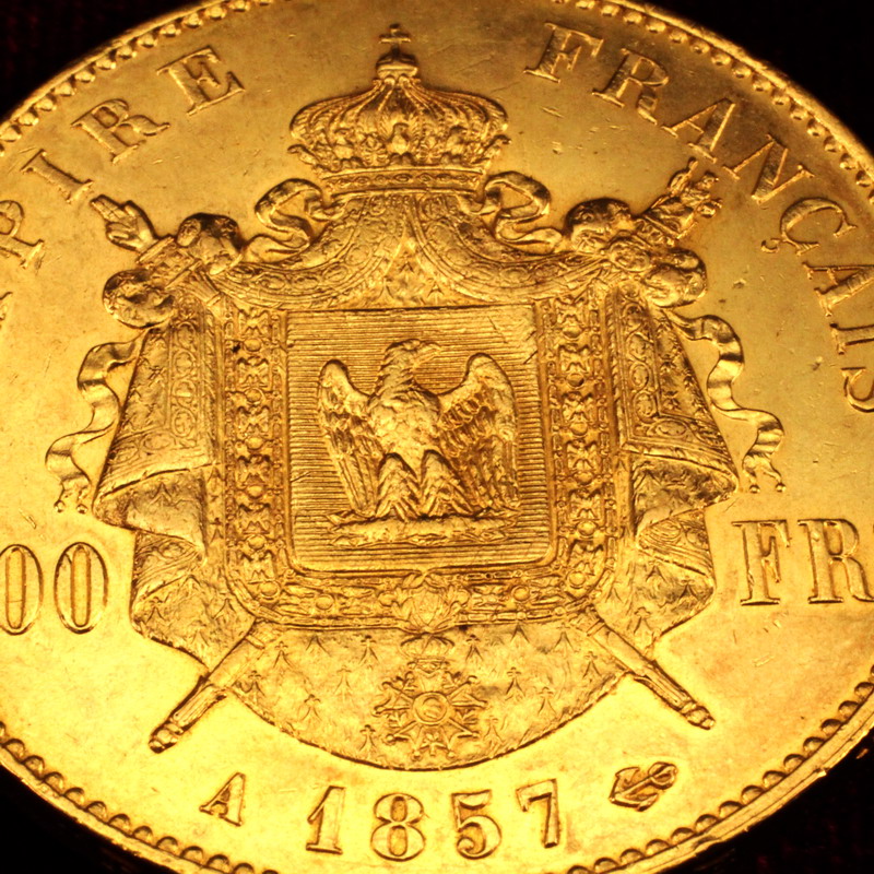 フランス　1857A　100フラン金貨　ナポレオン三世　無冠