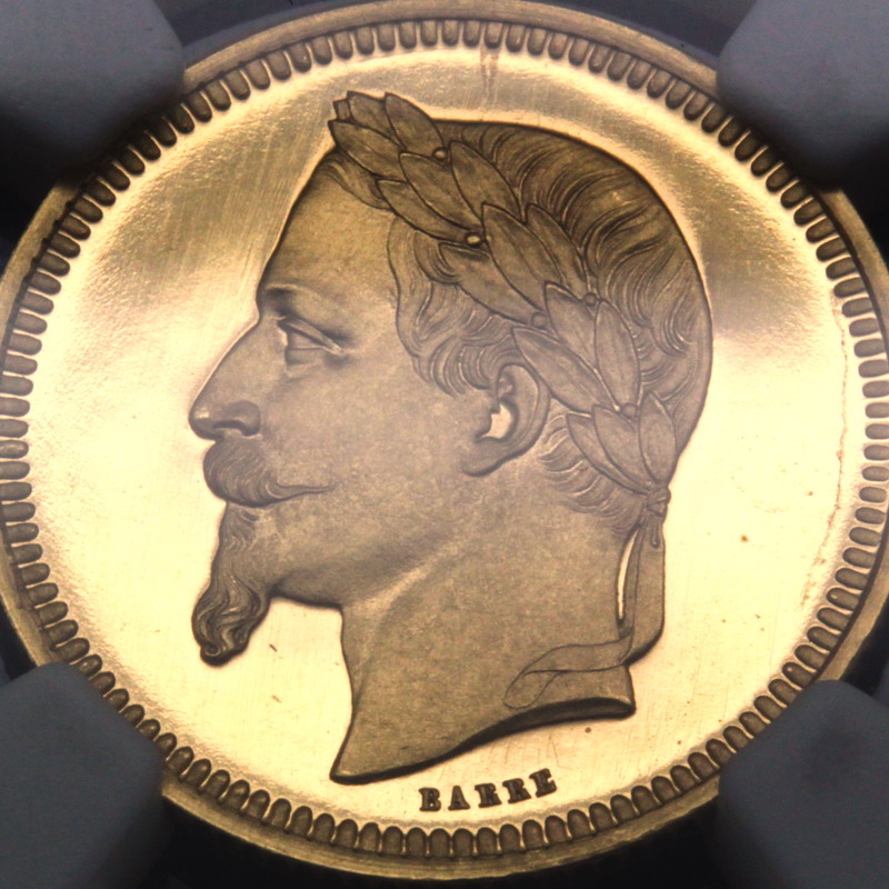 フランス1867ナポレオンessai 25Frs/10FLO金試鋳貨有冠PF66UC