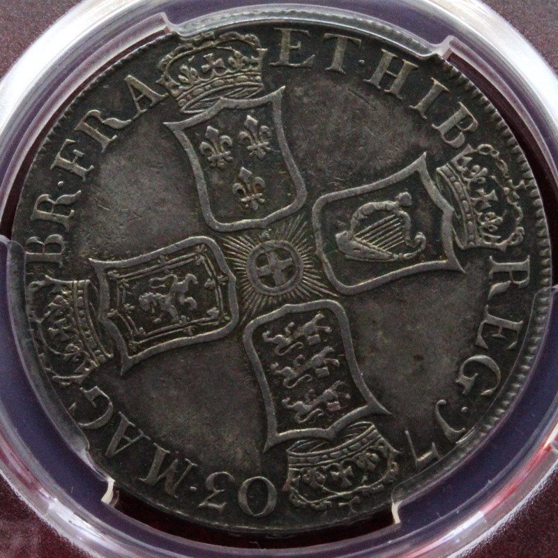 イギリス　1703年クラウン銀貨　アン女王VIGO　AU53