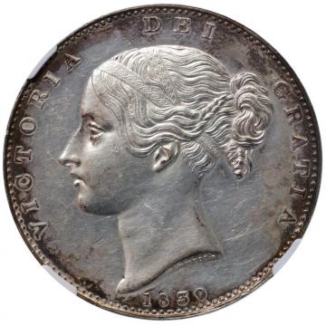 イギリス　1839年 プルーフ クラウン銀貨　 ヴィクトリアVictoria ビクトリア　ヤングヘッド　Plain Edge　ウィリアム・ワイオンデザイン  NGC AU