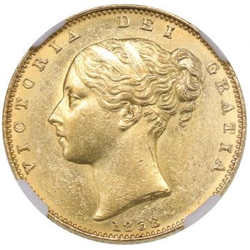 イギリス　1838年銘特年　ソブリン金貨　ビクトリアヤングヘッド　NGC　MS62　発行初年度レア