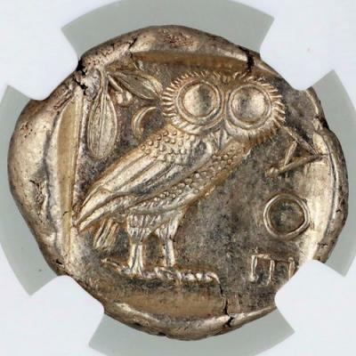 古代ギリシャ　アッテカ アテネ　テトラドラクマ銀貨　フクロウ　BC440-404　NGC MS Strike:5/5 Surface:4/5