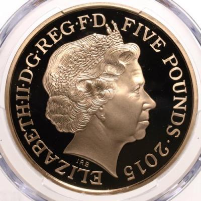 イギリス　2015年　5ポンド 金貨　エリザベス2世 チャーチル死去50年記念　PCGS　PR70DCAM　限定発行770枚　保証書　共箱付