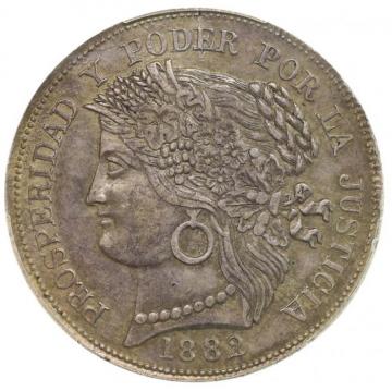 ペルー1882年LM 5ペセタ　セレス女神　大型銀貨　PCGS XF45