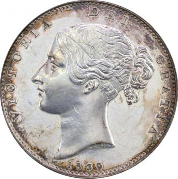 イギリス　1839年 プルーフ クラウン銀貨　 ヴィクトリアVictoria ビクトリア　ヤングヘッド　Plain Edge　ウィリアム・ワイオンデザイン  UNC超レア