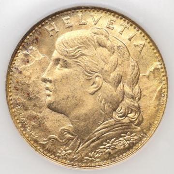 スイス　1922年B　10フラン金貨 アルプスと少女　ブレネリ　ヘルベティア　ベルンミントNGC MS65
