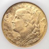スイス　1922年B　10フラン金貨 アルプスと少女　ブレネリ　ヘルベティア　ベルンミントNGC MS65