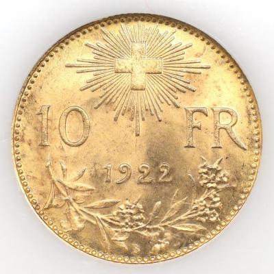 スイス　1922年B　10フラン金貨 アルプスと少女　ブレネリ　ヘルベティア　ベルンミントNGC MS65