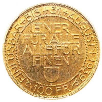 スイス-ルツェルン　1939年　射撃祭シリーズ　100フラ金貨　発行6000枚　PCGS　MS62