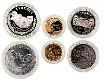アメリカ　1991年　ラッシュモア山記念　プルーフ金貨・銀貨等6枚セット　COA　オリジナル木製箱　おまけ付