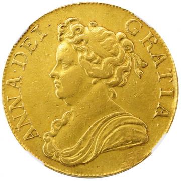 イギリス　1713年　5ギニー金貨　アン女王 NGC AU鑑定 DVODECIMO on edge