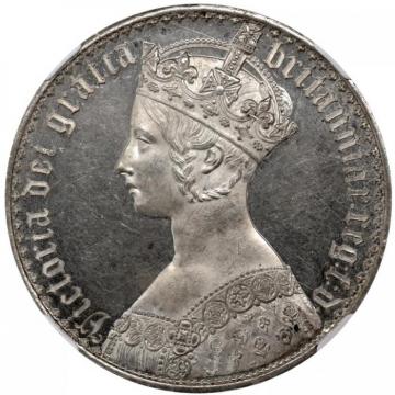 イギリス1847年ビクトリアヴィクトリア　ゴチックゴシッククラウン銀貨Undecimo on edge　NGC PF62Cameo
