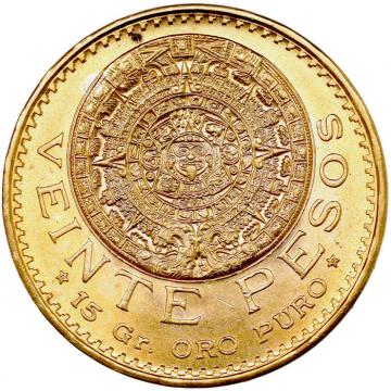 メキシコ　1959年銘　20ペソ金貨　神秘パワーアステカカレンダー　