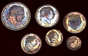 イギリス　1816, 20年　シリング〜ペニー銀貨6枚セット　究極のエメラルド・レインボートーン