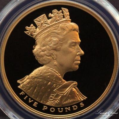 イギリス　2002年　エリザベス2世　　5ポンド金貨 在位50年 馬上の女王PR69DCAM