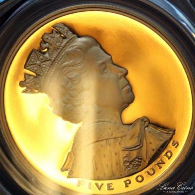 イギリス　2002年　エリザベス2世　　5ポンド金貨 在位50年 馬上の女王PR69DCAM