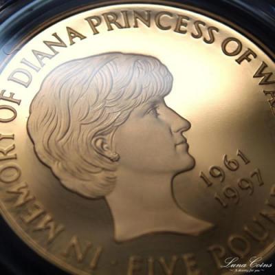 イギリス1999年　エリザベス5ポンドプルーフ金貨　ダイアナ追悼　PR69 DCAM