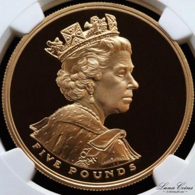 イギリス　2002年　5ポンド金貨　エリザベスII 　在位50年　馬上の女王　PR69ULTRA　CAMEO