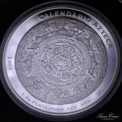 メキシコ　2015年銘　100ペソ　1kg超ド級大型純銀貨　　神秘の力　アステカカレンダー　インテリアに最適