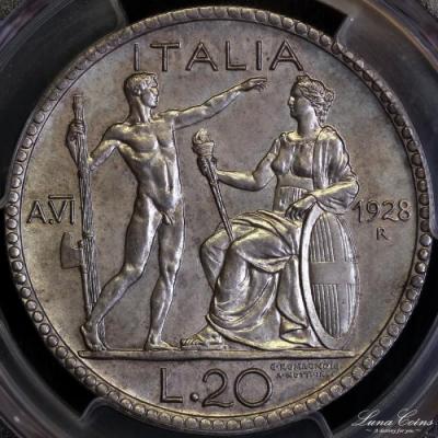 イタリア　1928年R　ヴィットリオ・エマヌエーレ3世　20リレ銀貨 PCGS MS64+