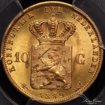 オランダ　1889年　ウィレム3世　10グルデン　PCGS　MS67高鑑定　19世紀完全未使用金貨