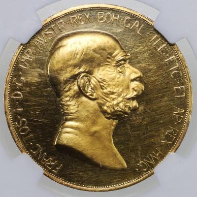 オーストリア　1908年銘　100Corona大型プルーフ金貨　在位60年記念　”雲上の女神”　NGC PF61
